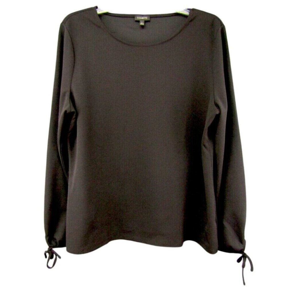 Talbots Black Long Bow Sleeve Top Womens Size L Polyester Spandex Office Career